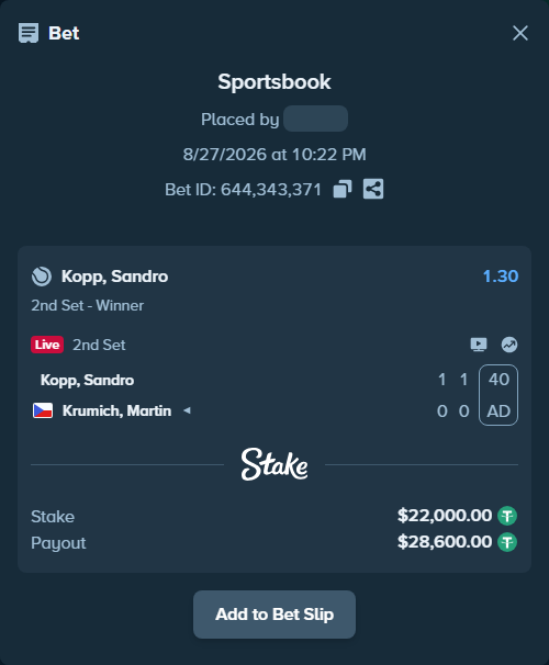 Bet slip: Kopp, Sandro - Krumich, Martin, $22,000.00 stake at 1.30 odds, placed by diomancy