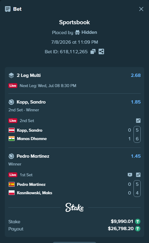 Bet slip: Kopp, Sandro - Manas Dhamne, $10,000.00 stake at 1.85 odds, placed by Hidden
