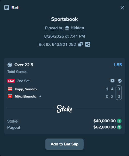 Bet slip: Kopp, Sandro - Mika Brunold, $40,000.00 stake at 1.55 odds, placed by Hidden