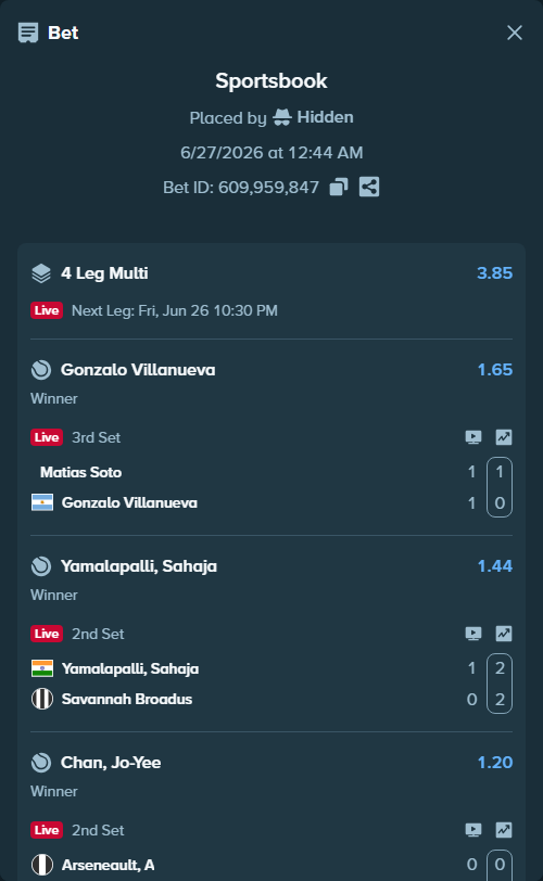 Bet slip: Kopp, Sandro - Nesterov, Pyotr, $13,759.00 stake at 1.35 odds, placed by Hidden