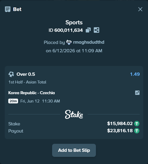 Bet slip: Korea Republic - Czechia, $16,000.00 stake at 1.49 odds, placed by rmaghsdudthd