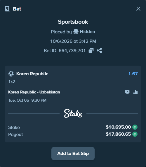 Bet slip: Korea Republic - Uzbekistan, $10,695.00 stake at 1.67 odds, placed by Hidden