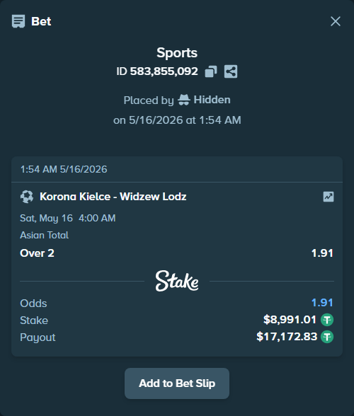 Bet slip: Korona Kielce - Widzew Lodz, $9,000.00 stake at 1.91 odds, placed by Hidden