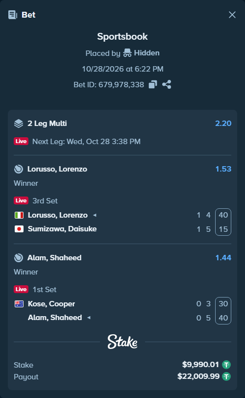 Bet slip: Kose, Cooper - Alam, Shaheed, $10,000.00 stake at 1.44 odds, placed by Hidden