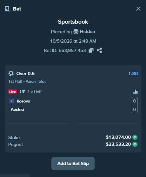 Bet slip: Kosovo - Austria, $13,074.00 stake at 1.80 odds, placed by tlwns4736