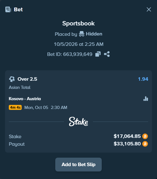 Bet slip: Kosovo - Austria, $17,312.80 stake at 1.94 odds, placed by Hidden