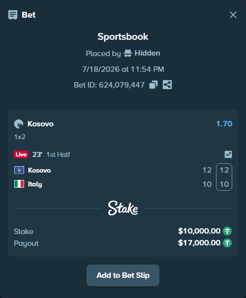 Bet slip: Kosovo - Italy, $10,010.00 stake at 1.70 odds, placed by Hidden