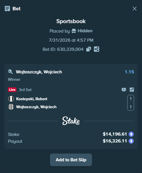 Bet slip: Kostepski, Robert - Wojtaszczyk, Wojciech, $14,290.42 stake at 1.15 odds, placed by Hidden