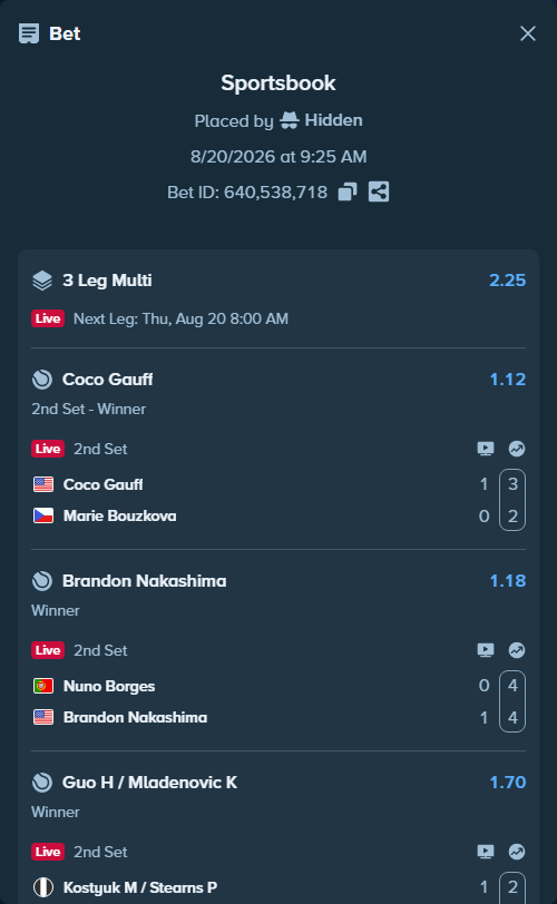 Bet slip: Kostyuk M / Stearns P - Guo H / Mladenovic K, $10,000.00 stake at 1.70 odds, placed by Hidden