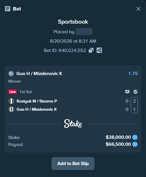 Bet slip: Kostyuk M / Stearns P - Guo H / Mladenovic K, $38,000.00 stake at 1.75 odds, placed by kuwkuw