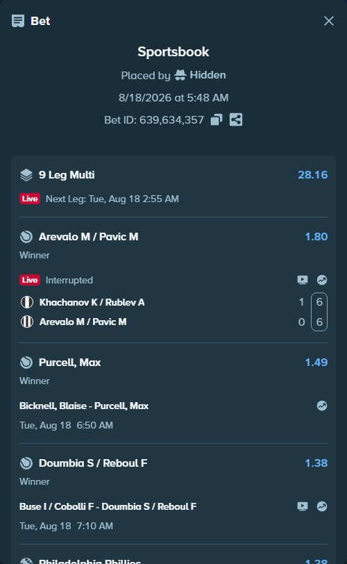 Bet slip: Kostyuk M / Stearns P - Williams S / Williams V, $10,000.00 stake at 1.40 odds, placed by Hidden