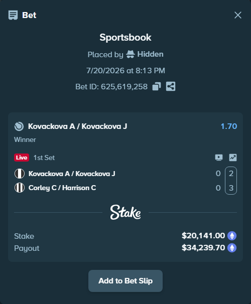 Bet slip: Kovackova A / Kovackova J - Corley C / Harrison C, $20,519.32 stake at 1.70 odds, placed by Hidden