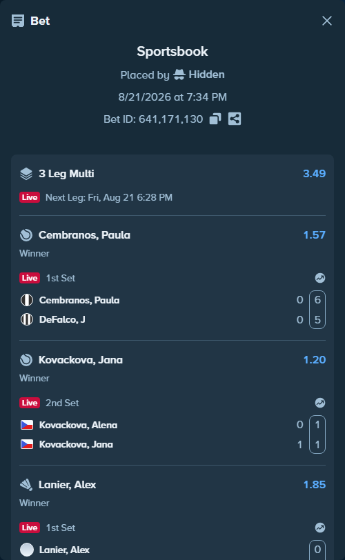 Bet slip: Kovackova, Alena - Kovackova, Jana, $10,000.00 stake at 1.20 odds, placed by Hidden