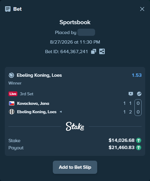 Bet slip: Kovackova, Jana - Ebeling Koning, Loes, $14,026.68 stake at 1.53 odds, placed by WinTr10
