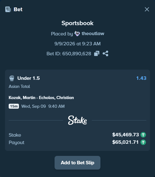 Bet slip: Kozak, Martin - Echols, Christian, $45,469.73 stake at 1.43 odds, placed by theoutlaw