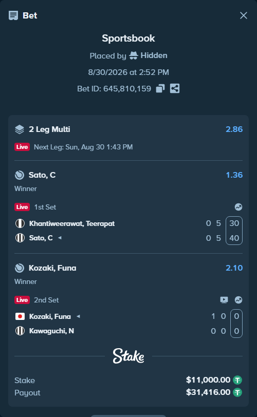 Bet slip: Kozaki, Funa - Kawaguchi, N, $11,000.00 stake at 2.10 odds, placed by Hidden