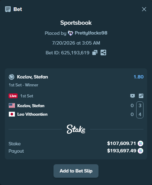 Bet slip: Kozlov, Stefan - Leo Vithoontien, $102,832.98 stake at 1.80 odds, placed by Prettylfacko98