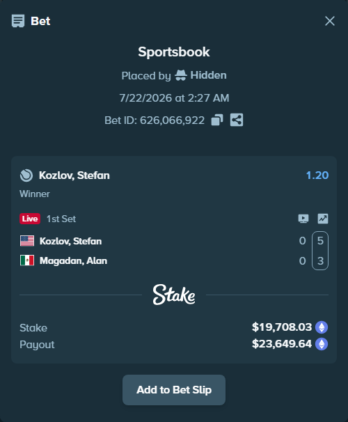 Bet slip: Kozlov, Stefan - Magadan, Alan, $19,519.55 stake at 1.20 odds, placed by Hidden
