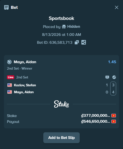 Bet slip: Kozlov, Stefan - Mayo, Aidan, $15,080.00 stake at 1.45 odds, placed by Hidden