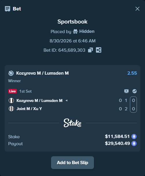 Bet slip: Kozyreva M / Lumsden M - Joint M / Xu Y, $11,595.73 stake at 2.55 odds, placed by Hidden