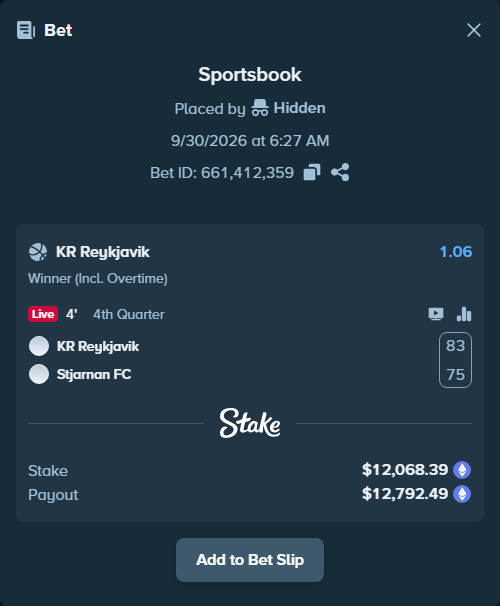 Bet slip: KR Reykjavik - Stjarnan FC, $10,311.83 stake at 1.06 odds, placed by Hidden