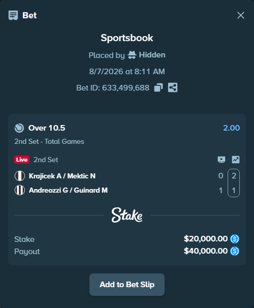 Bet slip: Krajicek A / Mektic N - Andreozzi G / Guinard M, $20,000.00 stake at 2.00 odds, placed by Hidden