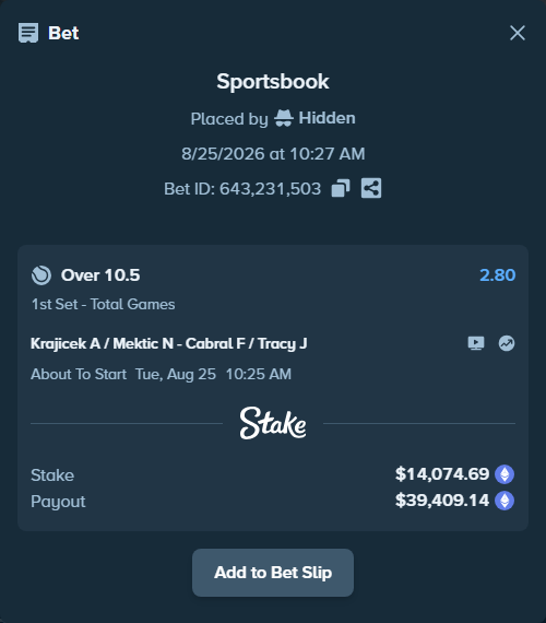 Bet slip: Krajicek A / Mektic N - Cabral F / Tracy J, $14,277.30 stake at 2.80 odds, placed by Hidden