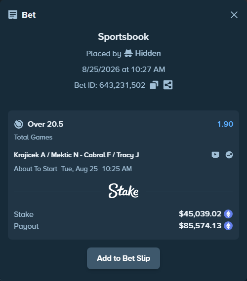 Bet slip: Krajicek A / Mektic N - Cabral F / Tracy J, $45,185.94 stake at 1.90 odds, placed by Hidden