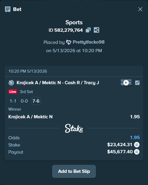 Bet slip: Krajicek A / Mektic N - Cash R / Tracy J, $18,498.08 stake at 1.95 odds, placed by Prettylfacko98
