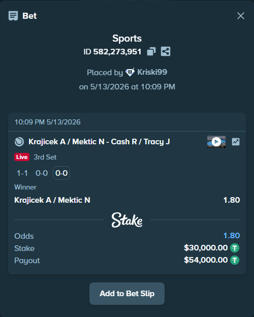 Bet slip: Krajicek A / Mektic N - Cash R / Tracy J, $30,000.00 stake at 1.80 odds, placed by Kriski99