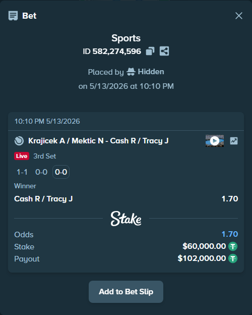 Bet slip: Krajicek A / Mektic N - Cash R / Tracy J, $60,000.00 stake at 1.70 odds, placed by Hidden