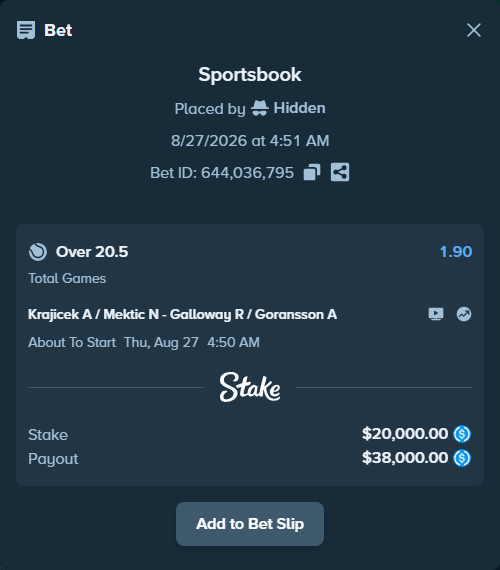 Bet slip: Krajicek A / Mektic N - Galloway R / Goransson A, $20,000.00 stake at 1.90 odds, placed by Hidden