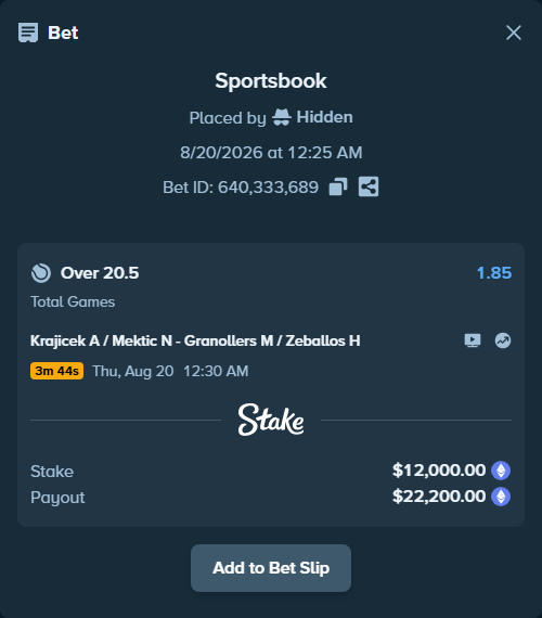 Bet slip: Krajicek A / Mektic N - Granollers M / Zeballos H, $14,063.21 stake at 1.85 odds, placed by Hidden