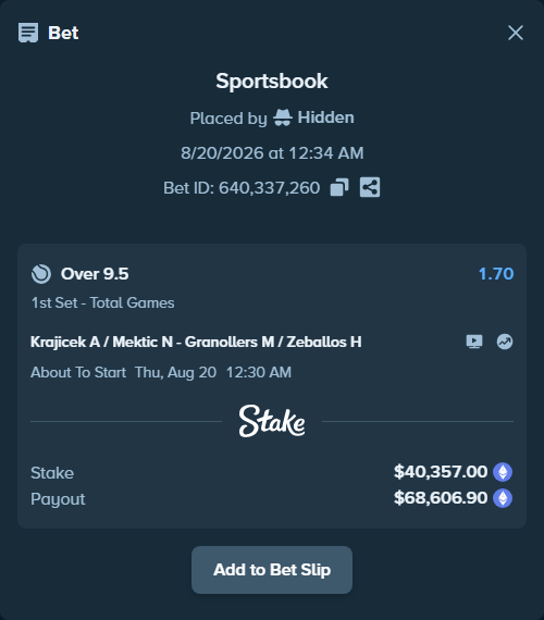 Bet slip: Krajicek A / Mektic N - Granollers M / Zeballos H, $47,094.05 stake at 1.70 odds, placed by Hidden