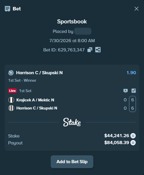 Bet slip: Krajicek A / Mektic N - Harrison C / Skupski N, $43,724.17 stake at 1.90 odds, placed by Prettylfacko98