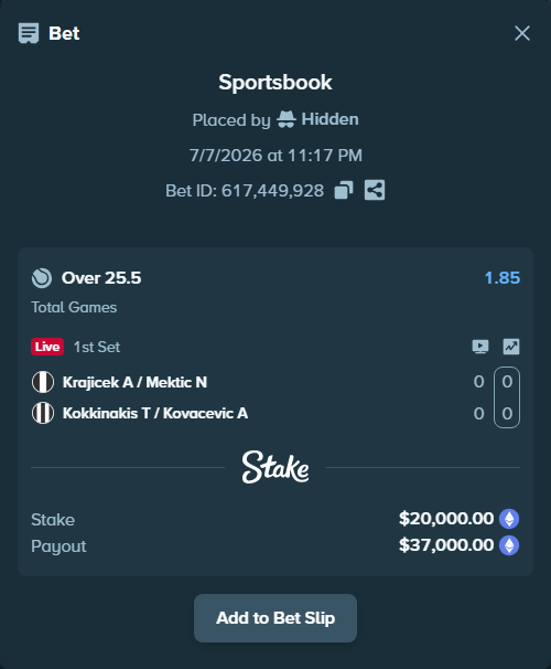 Bet slip: Krajicek A / Mektic N - Kokkinakis T / Kovacevic A, $21,505.75 stake at 1.85 odds, placed by Hidden