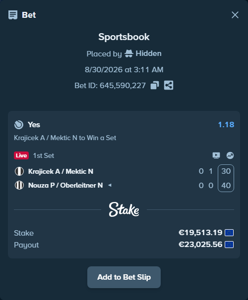 Bet slip: Krajicek A / Mektic N - Nouza P / Oberleitner N, $21,074.25 stake at 1.18 odds, placed by Hidden
