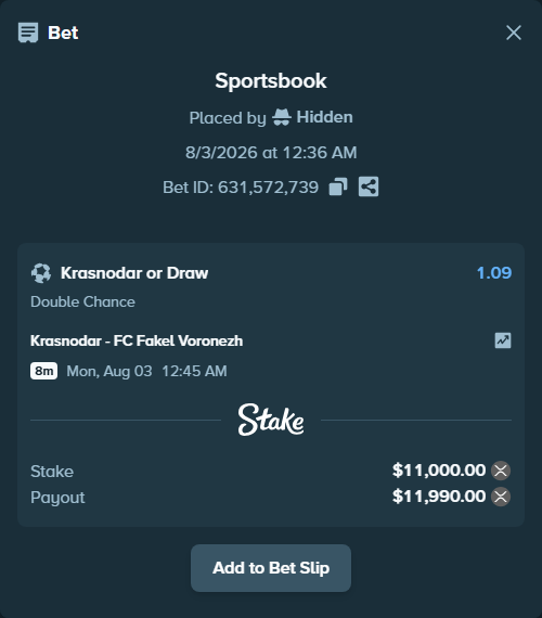 Bet slip: Krasnodar - FC Fakel Voronezh, $10,549.28 stake at 1.09 odds, placed by Hidden