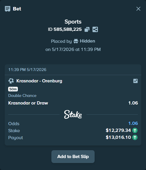 Bet slip: Krasnodar - Orenburg, $12,279.34 stake at 1.06 odds, placed by Hidden