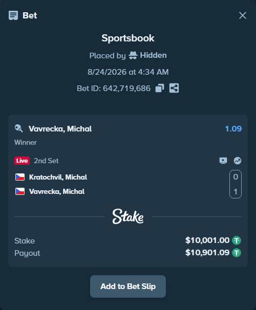 Bet slip: Kratochvil, Michal - Vavrecka, Michal, $10,000.00 stake at 1.09 odds, placed by Hidden