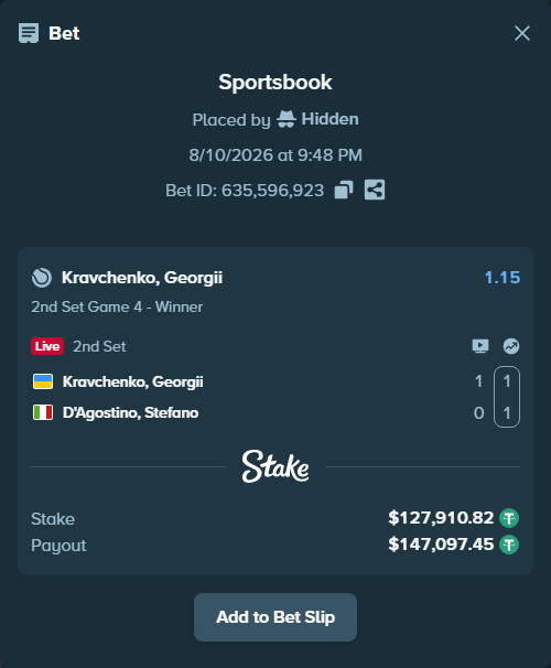 Bet slip: Kravchenko, Georgii - D`Agostino, Stefano, $128,038.73 stake at 1.15 odds, placed by Hidden