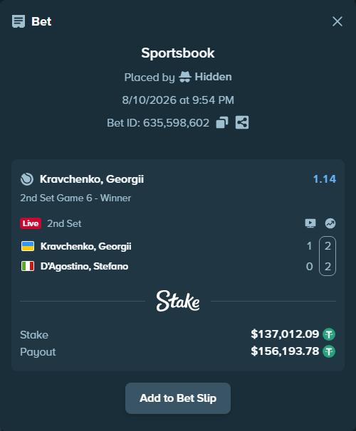 Bet slip: Kravchenko, Georgii - D`Agostino, Stefano, $137,149.10 stake at 1.14 odds, placed by Hidden