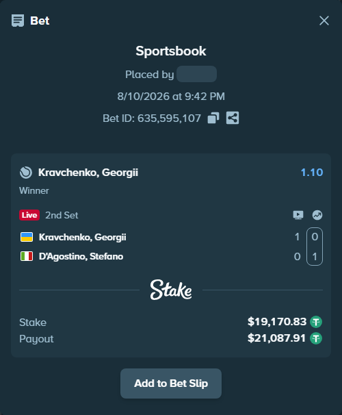 Bet slip: Kravchenko, Georgii - D`Agostino, Stefano, $19,190.00 stake at 1.10 odds, placed by RyazheniyPetuh