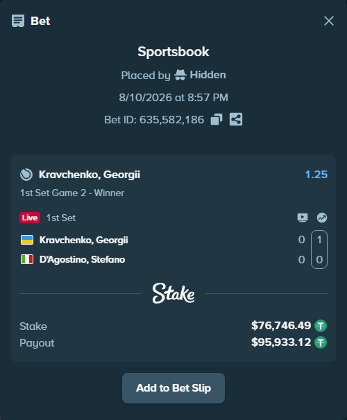Bet slip: Kravchenko, Georgii - D`Agostino, Stefano, $76,823.24 stake at 1.25 odds, placed by Hidden
