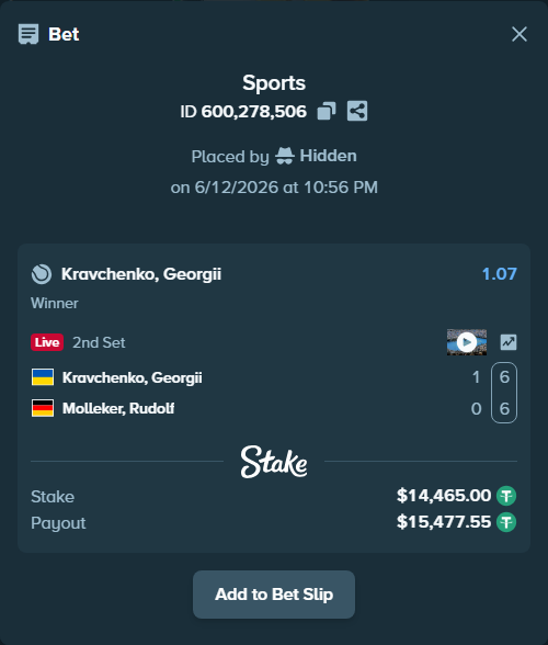 Bet slip: Kravchenko, Georgii - Molleker, Rudolf, $14,479.47 stake at 1.07 odds, placed by Hidden