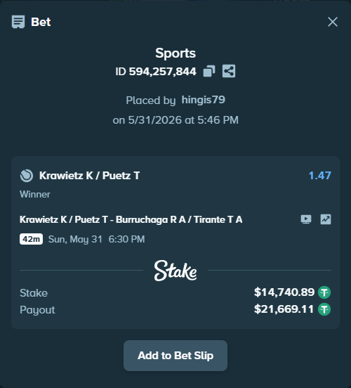 Bet slip: Krawietz K / Puetz T - Burruchaga R A / Tirante T A, $14,755.63 stake at 1.47 odds, placed by hingis79