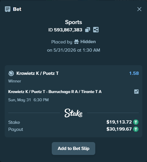 Bet slip: Krawietz K / Puetz T - Burruchaga R A / Tirante T A, $19,132.83 stake at 1.58 odds, placed by Hidden