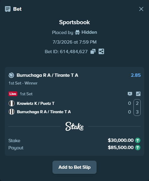 Bet slip: Krawietz K / Puetz T - Burruchaga R A / Tirante T A, $30,030.00 stake at 2.85 odds, placed by Hidden