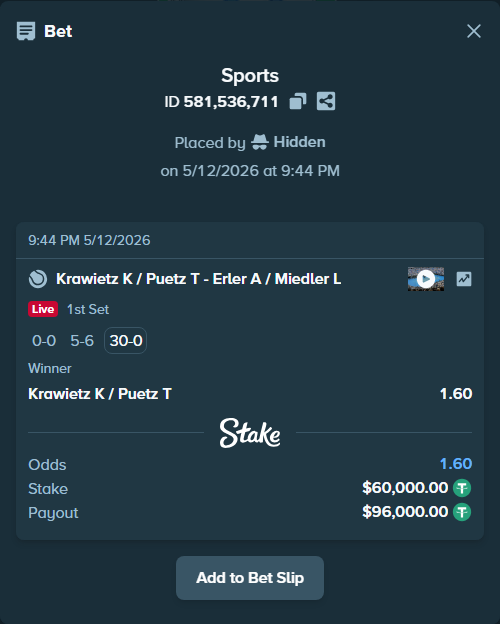 Bet slip: Krawietz K / Puetz T - Erler A / Miedler L, $60,000.00 stake at 1.60 odds, placed by Hidden