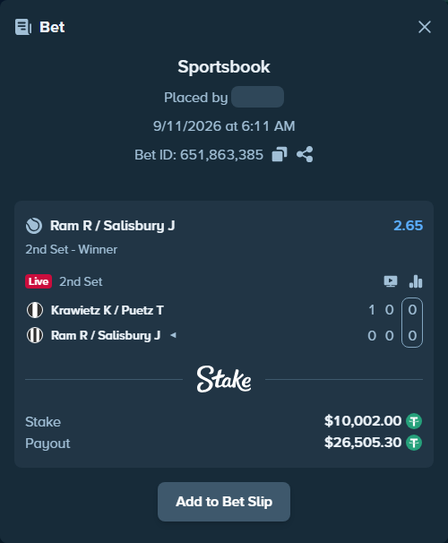 Bet slip: Krawietz K / Puetz T - Ram R / Salisbury J, $10,000.00 stake at 2.65 odds, placed by WinTr10